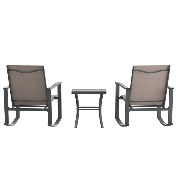 English Elm 3 Piece Outdoor Rocking Chair Bistro Set with Flex Comfort Material and Steel Framed Glass Top Table, /Black