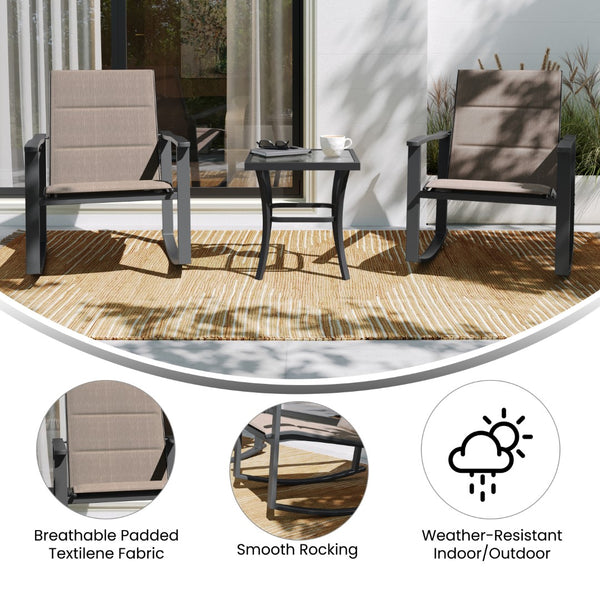 English Elm 3 Piece Outdoor Rocking Chair Bistro Set with Flex Comfort Material and Steel Framed Glass Top Table, /Black