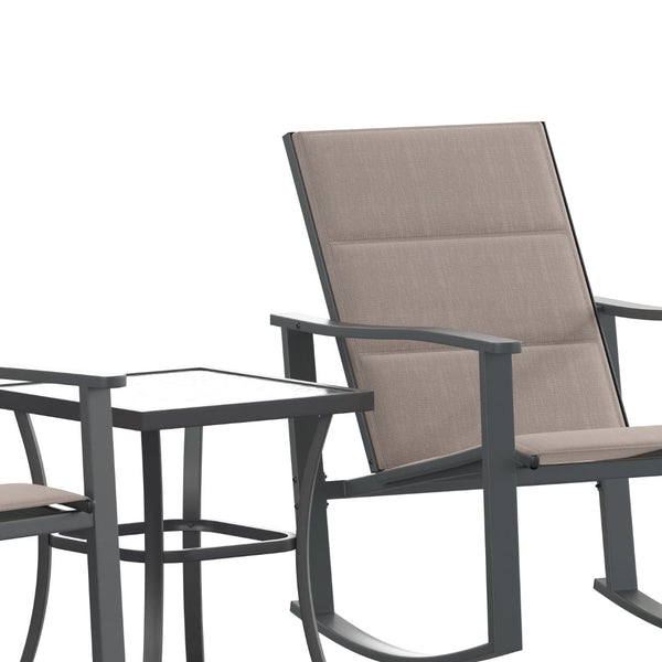 English Elm 3 Piece Outdoor Rocking Chair Bistro Set with Flex Comfort Material and Steel Framed Glass Top Table, /Black