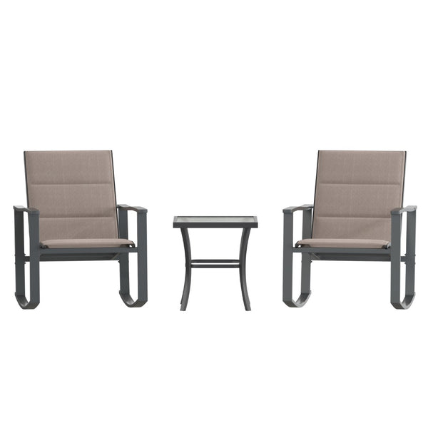 English Elm 3 Piece Outdoor Rocking Chair Bistro Set with Flex Comfort Material and Steel Framed Glass Top Table, /Black