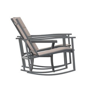 English Elm 3 Piece Outdoor Rocking Chair Bistro Set with Flex Comfort Material and Steel Framed Glass Top Table, /Black