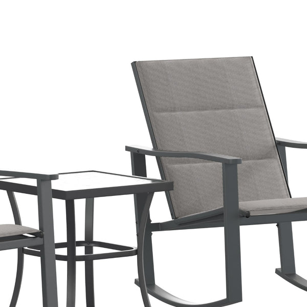 English Elm 3 Piece Outdoor Rocking Chair Bistro Set with Flex Comfort Material and Steel Framed Glass Top Table, /Black