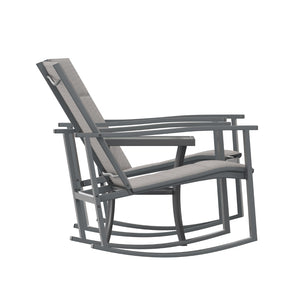 English Elm 3 Piece Outdoor Rocking Chair Bistro Set with Flex Comfort Material and Steel Framed Glass Top Table, /Black