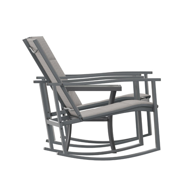 English Elm 3 Piece Outdoor Rocking Chair Bistro Set with Flex Comfort Material and Steel Framed Glass Top Table, /Black