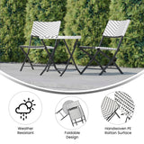 English Elm Commercial Grade Three Piece Commercial Grade Foldable French Bistro Set, Indoor/Outdoor PE Rattan Back, Seat and Table Top, /White with Steel Frames