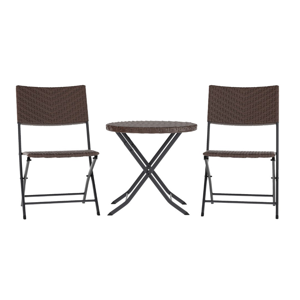 English Elm Commercial Grade Three Piece Commercial Grade Foldable French Bistro Set, Indoor/Outdoor PE Rattan Back, Seat and Table Top, with Black Steel Frames