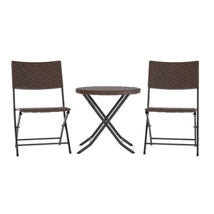 English Elm Commercial Grade Three Piece Commercial Grade Foldable French Bistro Set, Indoor/Outdoor PE Rattan Back, Seat and Table Top, with Black Steel Frames