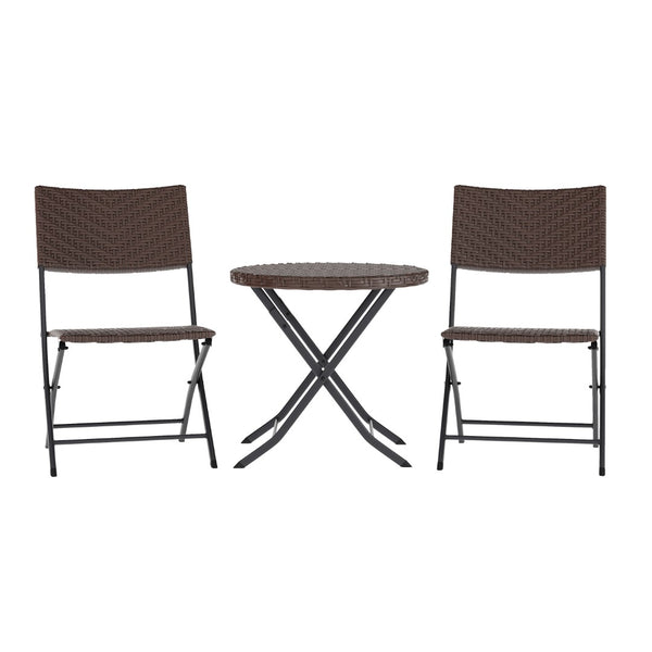 English Elm Commercial Grade Three Piece Commercial Grade Foldable French Bistro Set, Indoor/Outdoor PE Rattan Back, Seat and Table Top, with Black Steel Frames