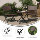 English Elm Commercial Grade Three Piece Commercial Grade Foldable French Bistro Set, Indoor/Outdoor PE Rattan Back, Seat and Table Top, with Black Steel Frames