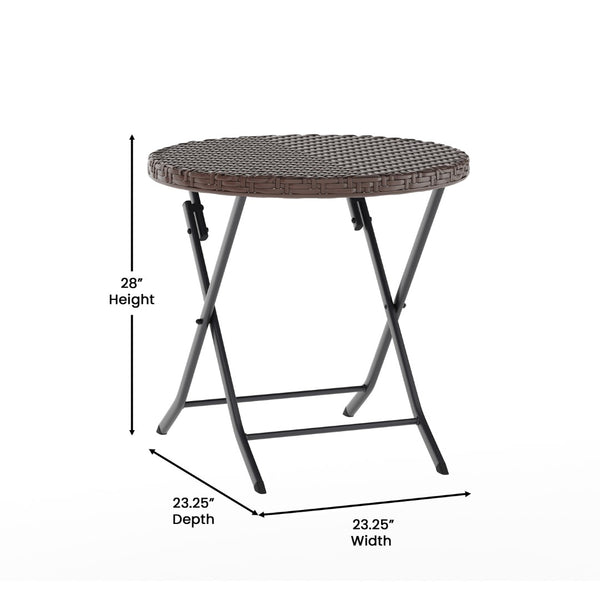 English Elm Commercial Grade Three Piece Commercial Grade Foldable French Bistro Set, Indoor/Outdoor PE Rattan Back, Seat and Table Top, with Black Steel Frames