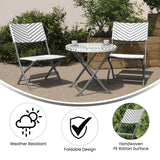 English Elm Commercial Grade Three Piece Commercial Grade Foldable French Bistro Set, Indoor/Outdoor PE Rattan Back, Seat and Table Top, /White with Charcoal Steel Frame