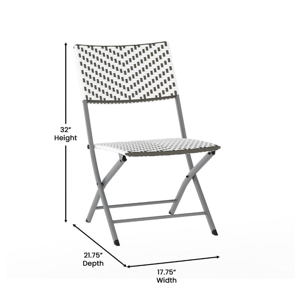 English Elm Commercial Grade Three Piece Commercial Grade Foldable French Bistro Set, Indoor/Outdoor PE Rattan Back, Seat and Table Top, /White with Charcoal Steel Frame