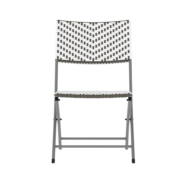 English Elm Commercial Grade Three Piece Commercial Grade Foldable French Bistro Set, Indoor/Outdoor PE Rattan Back, Seat and Table Top, /White with Charcoal Steel Frame