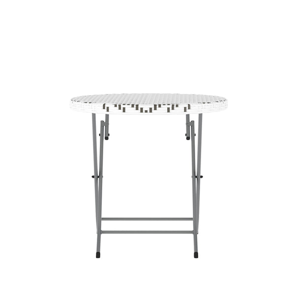 English Elm Commercial Grade Three Piece Commercial Grade Foldable French Bistro Set, Indoor/Outdoor PE Rattan Back, Seat and Table Top, /White with Charcoal Steel Frame