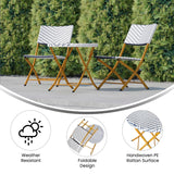 English Elm Commercial Grade Three Piece Commercial Grade Foldable French Bistro Set, Indoor/Outdoor PE Rattan Back, Seat and Table Top, Navy/White with Natural Steel Frames