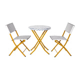 English Elm Commercial Grade Three Piece Commercial Grade Foldable French Bistro Set, Indoor/Outdoor PE Rattan Back, Seat and Table Top, Navy/White with Natural Steel Frames