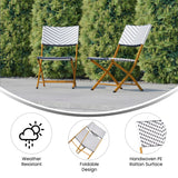 English Elm Commercial Grade - Set of 2 Commercial Grade Foldable French Bistro Chairs, Indoor/Outdoor PE Rattan Back and Seat, Navy/White with Natural Steel Frames