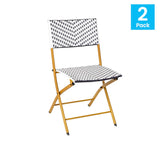 English Elm Commercial Grade - Set of 2 Commercial Grade Foldable French Bistro Chairs, Indoor/Outdoor PE Rattan Back and Seat, Navy/White with Natural Steel Frames