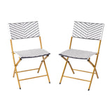 English Elm Commercial Grade - Set of 2 Commercial Grade Foldable French Bistro Chairs, Indoor/Outdoor PE Rattan Back and Seat, Navy/White with Natural Steel Frames