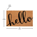 English Elm 18" x 30" Indoor/Outdoor Coir Doormat with Black Hello Message and Non-Slip Backing