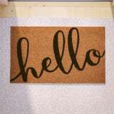 English Elm 18" x 30" Indoor/Outdoor Coir Doormat with Black Hello Message and Non-Slip Backing