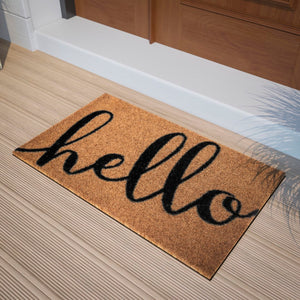 English Elm 18" x 30" Indoor/Outdoor Coir Doormat with Black Hello Message and Non-Slip Backing