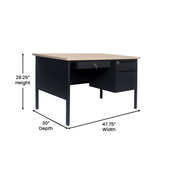 English Elm Commercial Grade Commercial Grade 30x48 Right Side Single Pedestal Desk with 3 Locking Drawers, Top and Black Frame