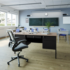 English Elm Commercial Grade Commercial Grade 30x60 Double Pedestal Desk with 5 Locking Drawers, Top and Black Frame