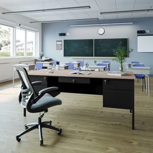 English Elm Commercial Grade Commercial Grade 30x70 Double Pedestal Desk with 5 Locking Drawers, Top and Black Frame