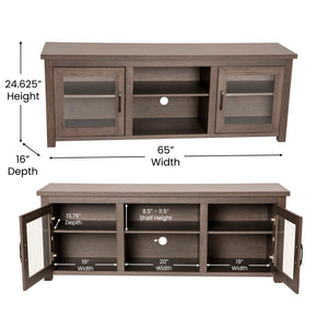 English Elm Classic TV Stand up to 80" TVs - Modern Finish with Full Glass Doors - 65" Engineered Wood Frame - 3 Shelves