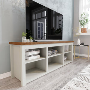 English Elm Farmhouse TV Stand for up to 80" TVs - 65" Engineered Wood Framed Media Console with Open Storage in Modern White Finish with Walnut Top