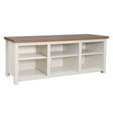 English Elm Farmhouse TV Stand for up to 80" TVs - 65" Engineered Wood Framed Media Console with Open Storage in Modern White Finish with Walnut Top