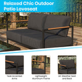 English Elm Commercial Grade Indoor/Outdoor Patio Loveseat with Cushions - Modern Aluminum Framed Loveseat with Teak Accent Arms, - Cushions