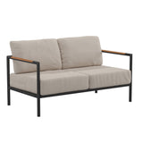 English Elm Commercial Grade Indoor/Outdoor Patio Loveseat with Cushions-Modern Aluminum Framed Loveseat with Teak Accent Arms, Black with Cushions