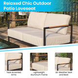 English Elm Commercial Grade Indoor/Outdoor Patio Loveseat with Cushions-Modern Aluminum Framed Loveseat with Teak Accent Arms, Black with Cushions