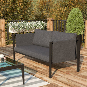 English Elm Commercial Grade Indoor/Outdoor Loveseat with Cushions - Modern Steel Framed Chair with Storage Pockets, Black with Cushions