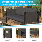 English Elm Commercial Grade Indoor/Outdoor Loveseat with Cushions - Modern Steel Framed Chair with Storage Pockets, Black with Cushions