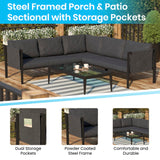 English Elm Commercial Grade Indoor/Outdoor Sectional with Cushions - Modern Steel Framed Chair with Dual Storage Pockets, Black with Cushions