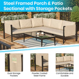 English Elm Commercial Grade Indoor/Outdoor Sectional with Cushions - Modern Steel Framed Chair with Dual Storage Pockets, Black with Cushions