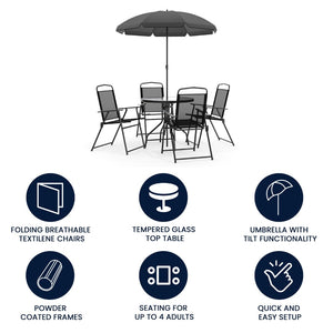 English Elm 6 Piece Patio Garden Set with Umbrella Table and Set of 4 Folding Chairs