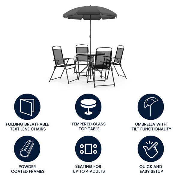 English Elm 6 Piece Patio Garden Set with Umbrella Table and Set of 4 Folding Chairs