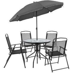 English Elm 6 Piece Patio Garden Set with Umbrella Table and Set of 4 Folding Chairs