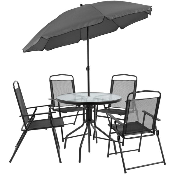 English Elm 6 Piece Patio Garden Set with Umbrella Table and Set of 4 Folding Chairs