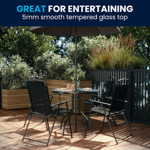 English Elm 6 Piece Patio Garden Set with Umbrella Table and Set of 4 Folding Chairs