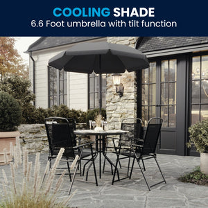 English Elm 6 Piece Patio Garden Set with Umbrella Table and Set of 4 Folding Chairs
