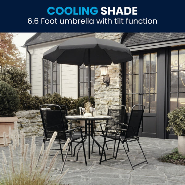 English Elm 6 Piece Patio Garden Set with Umbrella Table and Set of 4 Folding Chairs