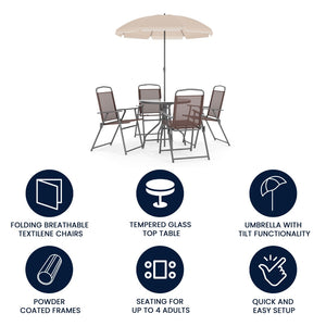English Elm 6 Piece Patio Garden Set with Umbrella Table and Set of 4 Folding Chairs