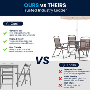 English Elm 6 Piece Patio Garden Set with Umbrella Table and Set of 4 Folding Chairs