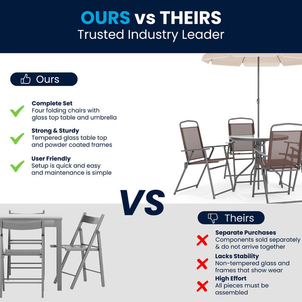 English Elm 6 Piece Patio Garden Set with Umbrella Table and Set of 4 Folding Chairs