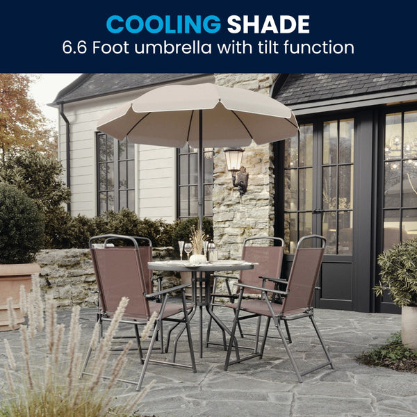 English Elm 6 Piece Patio Garden Set with Umbrella Table and Set of 4 Folding Chairs